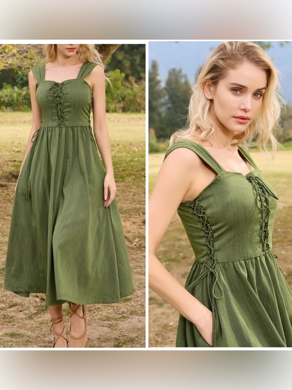 Scarlet Darkness Ren Faire Corset Midi Dress Olive Green Size L Cottagecore